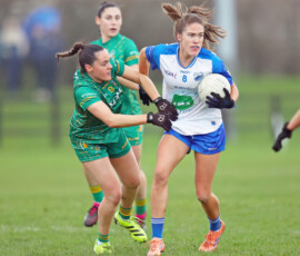 Captains Emma Murray & Niamh Gallogly clash in midfield during the LIDL National Football League Rd 4 game between Waterford & Meath which was played in Dungarvan GAA Grounds