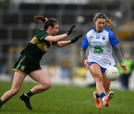 2 February 2026; Lauren McGregor of Waterford in action against Cait Lynch of Kerry during the Lidl Ladies National Football League Division 1 Round 2 match between Kerry and Waterford at Fitzgerald Stadium in Killarney, Kerry. Photo by Tom Beary/Sportsfile *** NO REPRODUCTION FEE ***