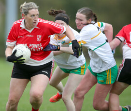 Stradballys Elaine Darcy holds onto possession during the Waterford LGFA Junior C County Final between Na Deise & Stradbally which was played in the Dungarvan GAA grounds