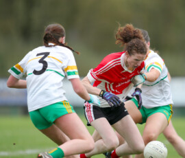 Stradballys Michelle Cummins is fouled during the Waterford LGFA Junior C County Final between Na Deise & Stradbally which was played in the Dungarvan GAA grounds