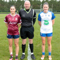 Team captains Kate Gerathy (Galway) & Emma Murray (Waterford) with referee Jonathan Murphy (Carlow)