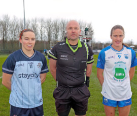 Team captains Orla Noonan (Dublin) & Emma Murray (Waterford) with referee Jonathan Murphy (Cork)