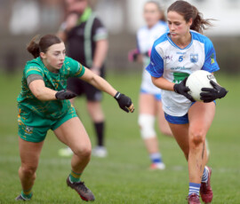 Waterfords Aine O'Neill avoids the challenge from Meaths Amy Gaffney during the LIDL National Football League Rd 4 game between Waterford & Meath which was played in Dungarvan GAA Grounds