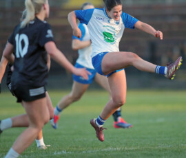 Waterfords Aine O'Neill fires a shot away during the Lidl National Football League Division 1 Rd 6 game between Waterford & Kildare which was played in Cappoquin Logistics Fraher Field