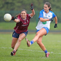 Waterfords Aine O'Neill gets her shot away before Galways Kate Geragthy can get the block in during the Lidl National Football League Division 1 Rd 7 game between Waterford & Galway which was played in Kilrossanty GAA Club Lemybrien