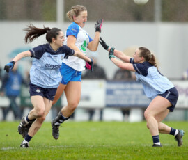 Waterford's Brid McMaugh manages to get her pass away before been challenged by Dublins defence during the LIDL National Football League Div 1 Rd 3 game between Waterford & Dublin which was played in the Dungarvan GAA grounds
