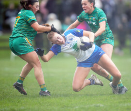Waterfords Claire Walsh is fouled by the Meath defense during the LIDL National Football League Rd 4 game between Waterford & Meath which was played in Dungarvan GAA Grounds