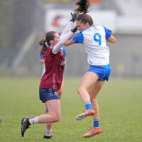 Waterfords Emma Murray collects the ball despite the challenge from Galways Nicola Ward during the Lidl National Football League Division 1 Rd 7 game between Waterford & Galway which was played in Kilrossanty GAA Club Lemybrien