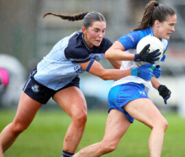 Waterfords Emma Murray is held back by Dublins Aisling Nyhan during the LIDL National Football League Div 1 Rd 3 game between Waterford & Dublin which was played in the Dungarvan GAA grounds