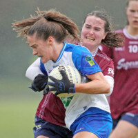 Waterfords Emma Murray shields the ball from Galways Nicola Ward during the Lidl National Football League Division 1 Rd 7 game between Waterford & Galway which was played in Kilrossanty GAA Club Lemybrien