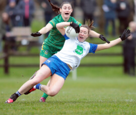 Waterfords Karen McGrath is fouled by Meaths Orlaith Sheehy during the LIDL National Football League Rd 4 game between Waterford & Meath which was played in Dungarvan GAA Grounds