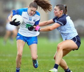 Waterfords Katie Murray is challenged by Dublins Ellen Gribbin during the LIDL National Football League Div 1 Rd 3 game between Waterford & Dublin which was played in the Dungarvan GAA grounds