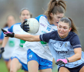 Waterfords Katie Murray is challenged by Dublins Ellen Gribbin during the LIDL National Football League Div 1 Rd 3 game between Waterford & Dublin which was played in the Dungarvan GAA grounds