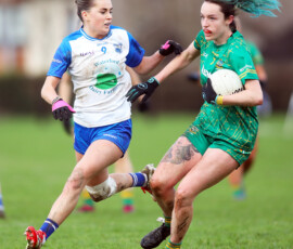 Waterfords Kellyann Hogan looks to take possession from Meaths Katie Birmingham during the LIDL National Football League Rd 4 game between Waterford & Meath which was played in Dungarvan GAA Grounds