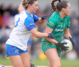 Waterfords Lauren McGregor challenges Meaths Aine Sheridan during the LIDL National Football League Rd 4 game between Waterford & Meath which was played in Dungarvan GAA Grounds