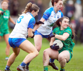Waterfords Lauren Mulcahy & Rebecca Casey halt the run from Meaths Meadhbh Byrne during the LIDL National Football League Rd 4 game between Waterford & Meath which was played in Dungarvan GAA Grounds