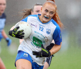 Waterford's Maeve Daly shields the ball as she goes on a run during the LIDL National Football League Div 1 Rd 3 game between Waterford & Dublin which was played in the Dungarvan GAA grounds