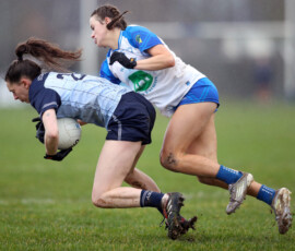 Waterfords Ruby Browne challenges Dublins Michelle Davoren during the LIDL National Football League Div 1 Rd 3 game between Waterford & Dublin which was played in the Dungarvan GAA grounds